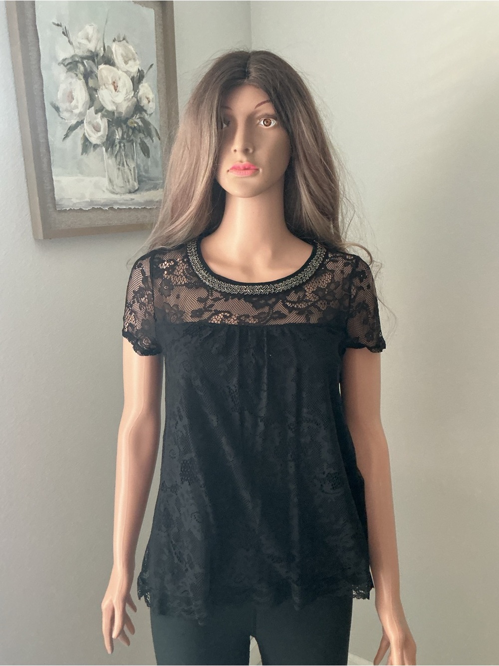 Haute Society Black Lace Short Sleeve Top with Beaded Collar